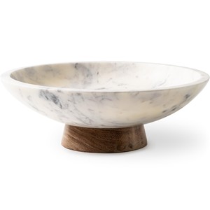 Frutero de Madera de Acacia con Pedestal de Mármol, Diseño Tradicional, 26 cm de Diámetro x 22 cm de Altura, Venta al por Mayor |   Hecho a Mano en India - Product Image 1