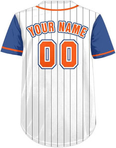 Custom Baseball Jersey <b>White</b> Blue Orange Striped Sublimated Print Breathable 100% Polyester Men's Short Sleeve <b>Button</b> Front - Product Image 3