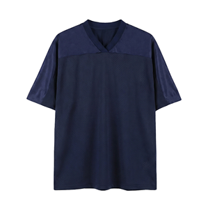 Camiseta de manga corta con cuello en V para hombre, azul marino sólido, transpirable, de poliéster tejido, estilo casual, jersey de fútbol de malla oversize con cuello en V - Product Image 1