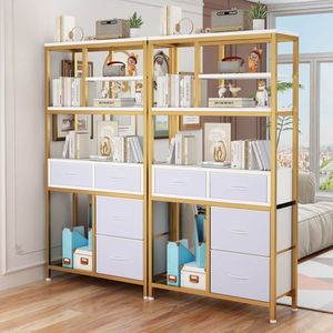Libreria a 6 Ripiani e 4 Cassetti 90*30*174cm con Struttura Dorata, Tessuto Non Tessuto, Pannello in Truciolato Bianco e Telaio in Ferro - Product Image 3