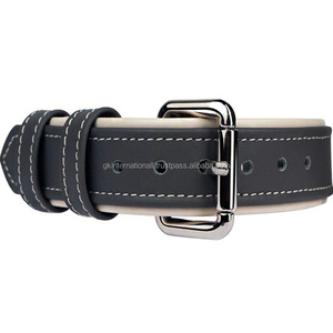 Precio de fábrica al por mayor Collar de perro de cuero genuino hecho a mano Costura blanca y acolchado Collar de perro de cuero ajustable completo para mascotas - Product Image 1