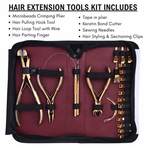 Kit d'outils professionnels tout-en-un en acier inoxydable pour extensions de cheveux : Pince à micro-anneaux, Pince à sertir, Pince à bandes, Crochet et boucle - Product Image 2