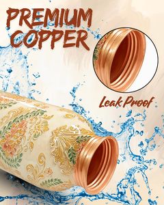Bouteille en cuivre artisanale de 900 ml avec motifs floraux élégants, couvercle anti-fuite pour l'eau potable, le bien-être, le yoga, le bureau - Product Image 6
