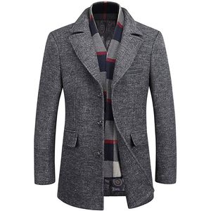 Manteau d'hiver pour homme en laine mélangée 2025, coupe ajustée, trench-coat court, écharpe en laine douce amovible, long pardessus pour affaires, chaud - Product Image 4