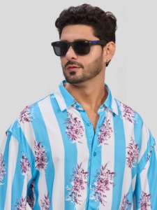 Chemise décontractée pour homme à rayures bleues et blanches, imprimé floral, manches longues, col rabattu, respirante, en polyester, pour toutes les occasions - Product Image 1