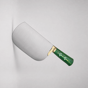Couteau à viande robuste, lame large courbée argentée, manche riveté vert, embout doré, couteau de boucher pour la découpe de viande - Product Image 3