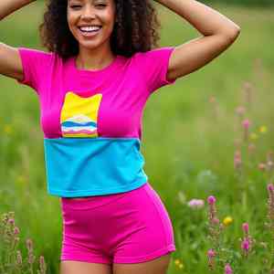 Conjunto de verano para mujer con blusa de cuello redondo y mangas con volantes de la mejor tela y minifalda con cintura fruncida y estampado digital. - Product Image 3