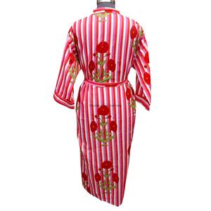 Robe kimono longue en coton rayé pour femme avec motif floral, col en V, manches longues, fermeture à ceinture, séchage rapide, tenue décontractée d'été - Product Image 6