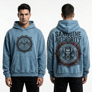 Custom Heavyweight Blue Acid Wash Hoodie Men Vintage Oversized Streetwear Pullover Sanguine Bat Graphic Print Hooded Sweatshirt - Product Image 1