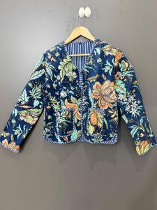 Women Reversible <b>Quilted</b> Cotton <b>Jacket</b> Floral Kantha <b>Pattern</b> Bomber Coat Short Sleeve Winter Summer - Product Image 3