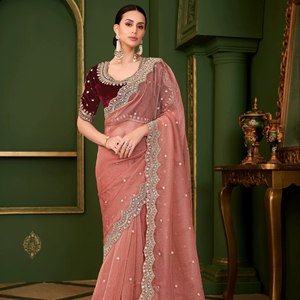 Dernier modèle de sari indien élégant et traditionnel, orné de perles de cristal, sari chic pour femmes, idéal pour les mariages - Product Image 1