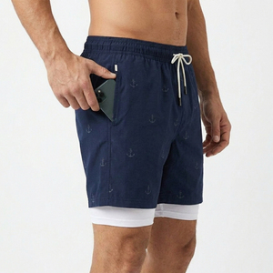 Shorts de bain décontractés pour hommes, séchage rapide, avec doublure intérieure en maille, imperméables, 100 % coton, anti-UV, fermeture à cordon, imprimé ancre noire, vente en gros - Product Image 4
