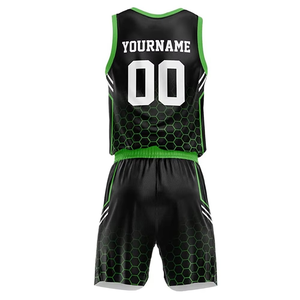 Fabricant d'uniformes de basket-ball personnalisés, ensemble de maillots et shorts imprimés noir et vert, nom et numéro personnalisés, vêtements de sport - Product Image 6