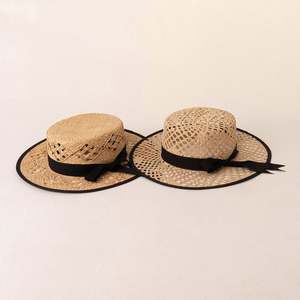 Sombrero de Paja Rafia Hecho a Mano, Estilo Europeo Americano, Primavera-Verano, con Copa Plana, Decoración de Lazo Hueco, Casual - Product Image 2
