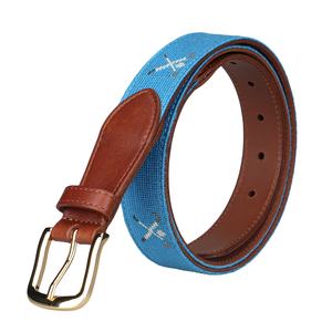 Ceinture de golf décontractée pour hommes en cuir véritable marron avec sangle en toile à boucle ardillon et motif brodé à l'aiguille, qualité supérieure - Product Image 1