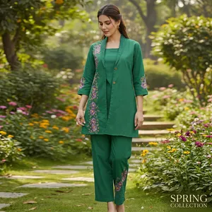 Women's <b>Green</b> Embroidered Cotton 3-Piece Set Three Quarter Sleeve Floral Pattern Jacket <b>Cami</b> Trouser Set All Seasons Wear - Product Image 2