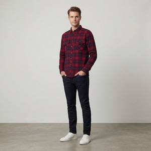 Camisa de Franela a Cuadros Roja para Hombre, Manga Larga, Cierre de Botones, Estilo Casual, Camisa de Algodón con Patrón a Cuadros para Otoño - Product Image 4