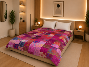Couvre-lit en coton Patola patchwork taille Queen, couvre-lit indien de luxe, fait main, textile bohème, décoration intérieure réversible - Product Image 2