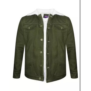 Veste pour homme style sherpa doublée, veste décontractée pour homme avec col en fausse fourrure, veste d'hiver pour homme vert olive, veste en polaire. - Product Image 1