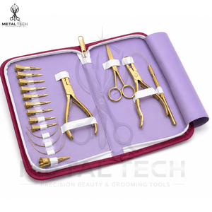 Unique Stainless Steel Salon Gold Hair Extension <b>Tool</b> Kit for Professional Installation Removal Scissors Loop Needle Storage - Product Image 2