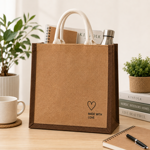 Jute Shopping <b>Bag</b> <b>Medium</b> <b>Size</b> Made With Love Print Top Handle Grocery Tote - Product Image 5