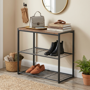 Zapatero de Estilo Industrial de 3 Niveles con Parte Superior de Madera y Estructura Metálica, Estante de Almacenamiento Independiente para la Entrada del Hogar - Product Image 1