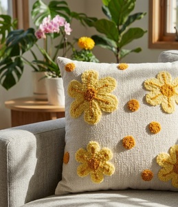 Housse de coussin carrée à fleurs et pois en tissu tufté, blanc cassé et jaune, fabricant direct, 18x18 pouces - Product Image 4