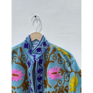 Sky Blue Velvet Suzani <b>Jacket</b> Floral Embroidery <b>Short</b> Unisex <b>Jacket</b> With Inside Cotton Lining Women's Casual Suzani <b>Jacket</b> - Product Image 4