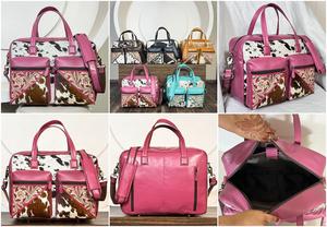 Bolsos de Almacenamiento de Cuero Vacuno con Múltiples Bolsillos, Elegantes Bolsos de Pañales de Cuero con Diseño Floral y Correa para el Hombro - Product Image 3