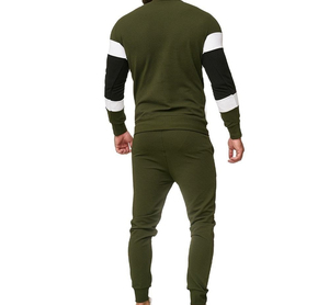 Ensemble sweat-shirt à col rond et pantalon de jogging en coton et élasthanne tricoté pour homme, couleur vert olive, style color block, tenue décontractée pour l'automne - Product Image 2