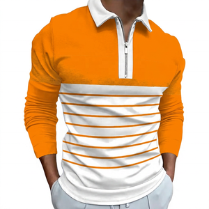 Polo à manches longues en tricot pour homme, à blocs de couleur, rayé, avec fermeture éclair, haut décontracté - Product Image 2