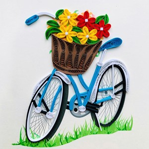 Tarjeta de quilling hecha a mano con diseño de bicicleta y cesta de flores, tarjeta de felicitación vintage floral con sobre, especial para todas las ocasiones - Product Image 1