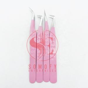 Pince à épiler rose avec logo personnalisé de haute qualité pour extensions de cils Pince à cils en fibre durable à pointe argentée en acier inoxydable - Product Image 1