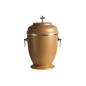 Urne funéraire chrétienne religieuse en bronze métallisé texturé avec croix polie en tête et poignées en anneaux - Product Image 2