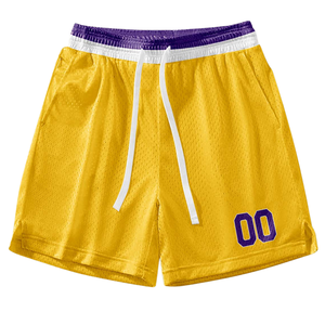 Ensemble d'uniformes de basket-ball jaunes personnalisés, style rétro, avec col blanc et violet, maillot et short, nom et numéro de l'équipe, style classique - Product Image 5