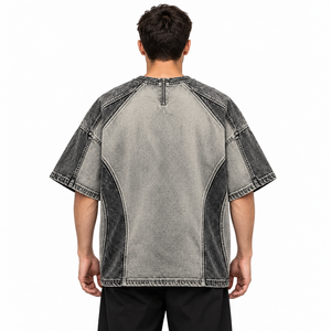 Custom Wholesale Vintage Washed Grey <b>V</b> <b>Neck</b> <b>T</b> <b>Shirt</b> Color Block Oversized Short Sleeve Streetwear Tee for <b>Men</b> - Product Image 5
