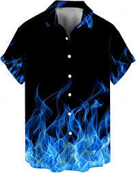 Men’s Vibrant Blue Flame Graphic Button-Up Shirt – Cool Blue Fire Short Sleeve Festival Top – Modern Streetwear Casual Wear - Product Image 2
