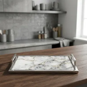 Handmade Steel Serving Tray with Quartz Base Decorative Rectangular Display Tray Modern Tabletop <b>Organizer</b> for Home Kitchen - Product Image 5