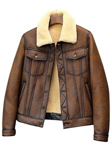 <b>Mens</b> Trucker Brown Leather <b>Shearling</b> <b>Jacket</b> - Product Image 1