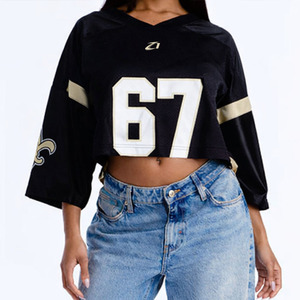 Maillot de football américain court noir pour femme, haut de sport en maille, t-shirt en maille côtelé ample en polyester, style Y2K, fournisseur de vêtements de sport - Product Image 3
