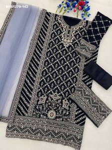 Ensemble Salwar-Suit semi-cousu en soie Georgette à motifs floraux prononcés, orné de broderies multi-fils, Zari, Dori et cordons, à prix de gros - Product Image 6