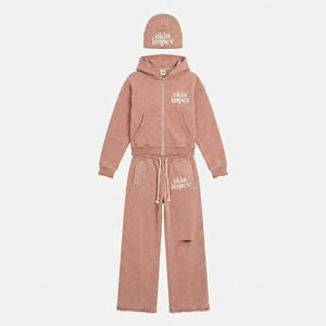 Ekin Impex Wholesale Custom Logo Acid Wash Unisex 3 Piece Rhinestone Sweatsuit Set Raw Frayed Hem Cropped Zip Hoodie <b>Distressed</b> - Product Image 3