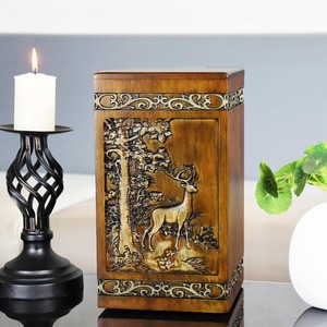 Carved Deer And Forest Wooden Cremation Urn For Human Ashes Memorial <b>Keepsake</b> With Velvet Bag - Product Image 5