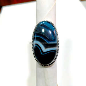 Anillo de declaración de ágata con bandas de Plata de Ley 925, anillo de forma ovalada para mujer para fiesta, banda de plata y piedra de ágata - Product Image 2