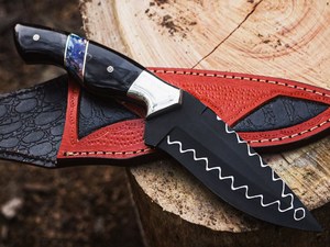 Couteau Bowie DIY OEM fait main de 15 pouces, lame en acier au carbone avec revêtement noir au poudre et lignes blanches, manche en corne avec étui en cuir - Product Image 4