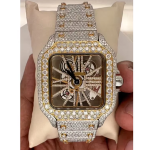 Montre squelette de luxe en moissanite VVS, entièrement sertie, bicolore or, mouvement mécanique, boîtier carré, chiffres romains, bijoux hip-hop - Product Image 1