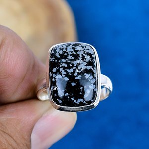 Natural Snowflake Obsidian <b>Cushion</b> Shape Gemstone <b>Ring</b> , 925 Sterling Silver <b>Ring</b> - Product Image 2