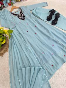 Light Blue Faux Georgette Anarkali <b>Kurti</b> Pant Set with Embroidered Dupatta Ethnic Wear <b>for</b> <b>Women</b> - Product Image 5