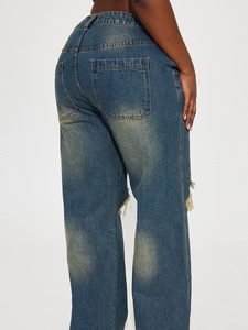 <b>Y2K</b> Style Women's Retro Heavy-duty Washed Wide-leg Denim Long <b>Pants</b> With Knee Rips - Product Image 3