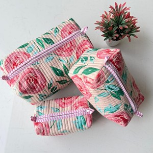 Trousse de Toilette Matelassée en Coton à Motifs Floraux, Taille Moyenne, Multifonctionnelle, Fermeture Éclair, Style Adorable pour Femme - Product Image 2